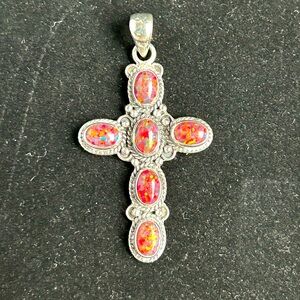 Vintage Sterling Silver created fire cabochon opal cross